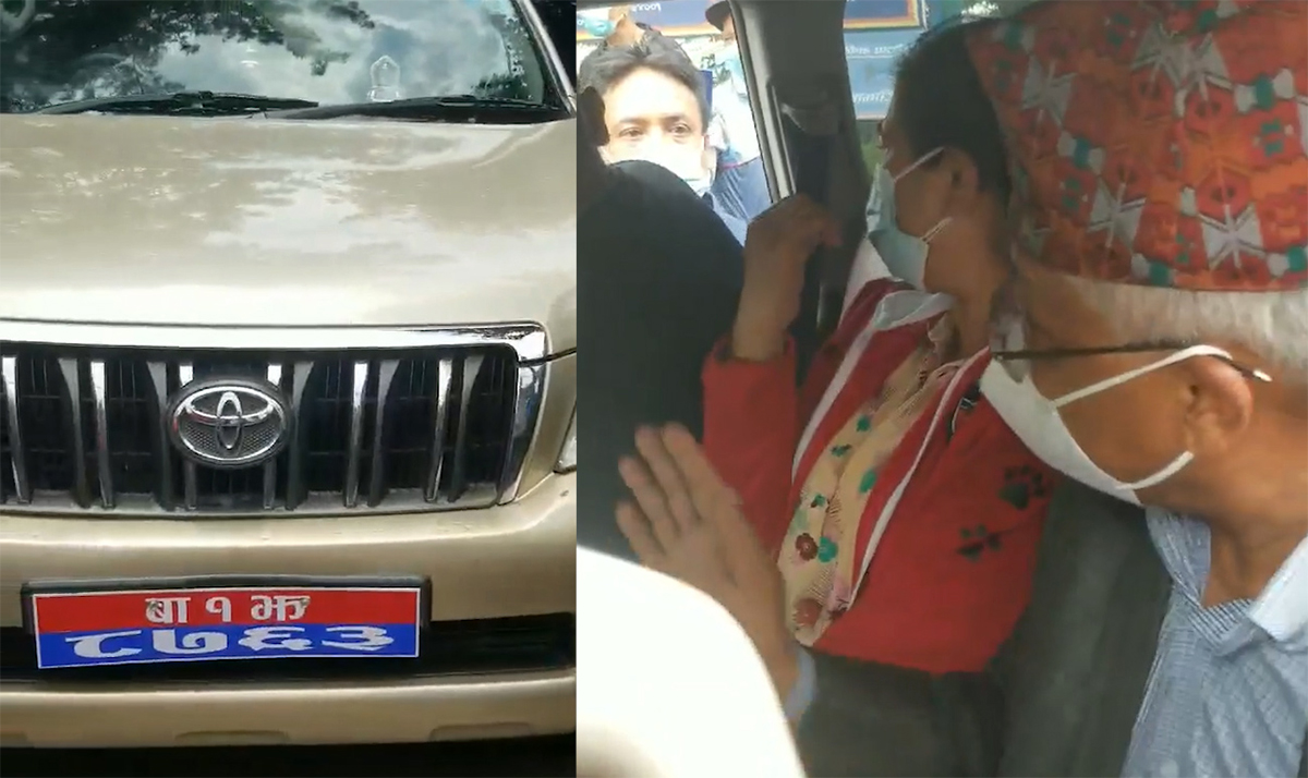 शिक्षा, विज्ञान तथा प्रविधि मन्त्री कृष्णगोपाल श्रेष्ठसँगै गाडीमा चढेकी सरस्वती प्रधान। तस्बिरः सेतोपाटी